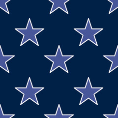 A repeating vector pattern of stars in shades of blue on a dark navy background. The stars are outlined in white, creating a striking contrast against the deep color.