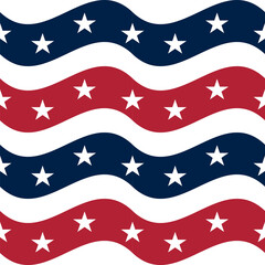 A repeating vector pattern of wavy stripes in red, white, and blue, featuring white stars on the blue stripes. The design evokes a patriotic theme, suitable for various festive occasions.