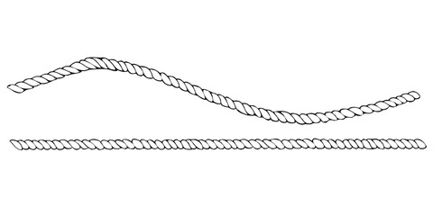 Rope, twine, jute , straight, wave and twisted with loops. Graphic line art hand drawn on the theme of sea and fishing in black and white ink. Set of elements isolated from the background EPS vector © NATASHA-CHU