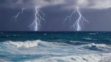 Dramatic scene of lightning illuminating ocean waves during a stormy night.