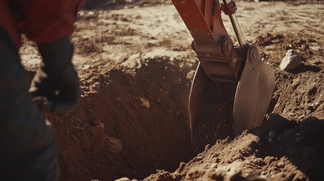 Excavation worker using a backhoe to dig a trench for utilities. Featuring heavy machinery and excavation skills