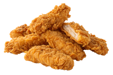A tempting pile of golden-brown crispy chicken tenders, perfectly breaded and juicy, ready to satisfy any craving with a close-up, studio shot.