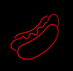 neon sign hot dog fast food light art wall decoration advertising orange red yellow glowing. Neon hot dog sign. Bright neon hot dog icon. isolated on black background. illustration.  ketchup sausage