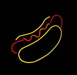 neon sign hot dog fast food light art wall decoration advertising orange red yellow glowing. Neon hot dog sign. Bright neon hot dog icon. isolated on black background. illustration.  ketchup sausage