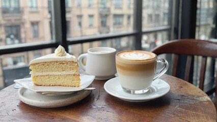 A slice of cake and a cup of coffee sit on a table. The cake is white and has a dollop of whipped cream on top. The coffee is in a glass cup with a brown swirl pattern. The scene is cozy and inviting
