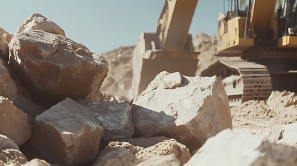 Heavy machinery operator moving large rocks at a construction site. Strength and efficiency