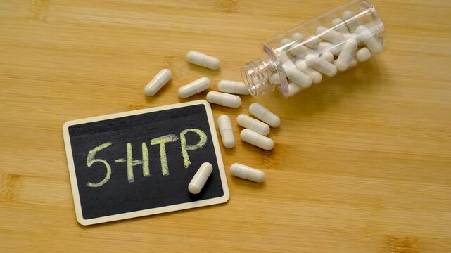 5-HTP sleep supplement capsules. Selective Focus.