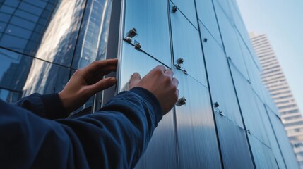 Facade installation technician mounting aluminum panels on a skyscraper. Featuring modern design and accuracy