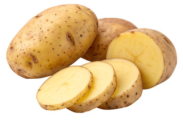 Golden potatoes, sliced and whole, showcasing their creamy interior and rustic exterior against a bright white background.