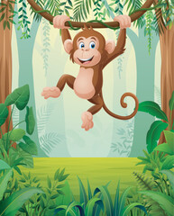 Happy monkey hanging from a tree branch in the jungle