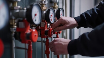 Fire sprinkler technician testing water pressure in a commercial building. Featuring safety and system maintenance