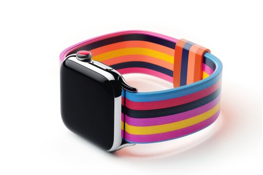 A vibrant smartwatch with a colorful striped band resting against a white background isolated on transparent background
