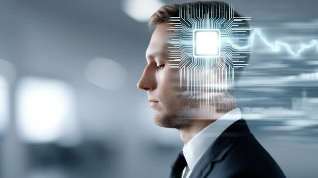 Brainwave Interface: A close-up shot of a man in a business suit, with a digital brain interface overlayed on his head, hinting at a future driven by cutting-edge technology and innovation. 