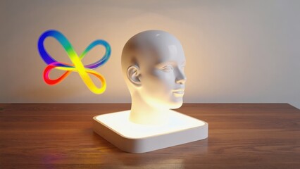 Modern abstract head sculpture with a rainbow-colored spiral design illuminated from within.