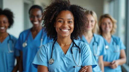 Smiling African female medical professionals in the hospital hallway, International Nurses Day