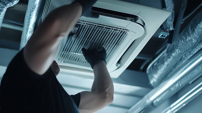 HVAC technician installing air conditioning system in commercial space. Featuring AC units and installation tools