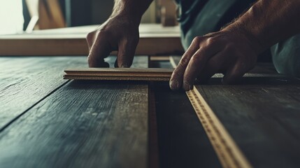 Flooring specialist installing wooden planks in a modern apartment. Featuring craftsmanship and interior enhancement