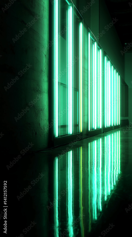 Aufkleber green neon lights in a dark corridor reflect on a polished floor, creating a symmetrical and modern 