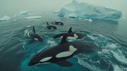 Obraz premium Antarctic orcas hunting amidst icebergs