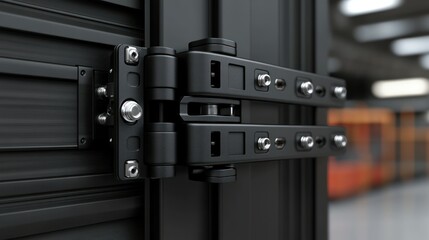 Close-up of a black, modern, adjustable mounting system for a large screen.  Detailed hinges and mounting components visible