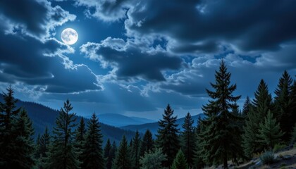 Moonlit night landscape forest photography scenic aerial view nature's tranquility