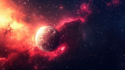Naklejka premium A stunning cosmic scene featuring a vibrant planet surrounded by a colorful galaxy filled with stars and nebulae. Perfect for space enthusiasts.