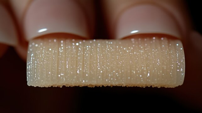 Close-up of a light beige nail enhancement product.  Detailed view of its textured surface, showing fine lines and subtle shimmer. Held between fingers