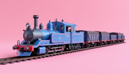 Obraz premium Vintage train journey modern art style digital illustration bright pink background whimsical viewpoint creative concept