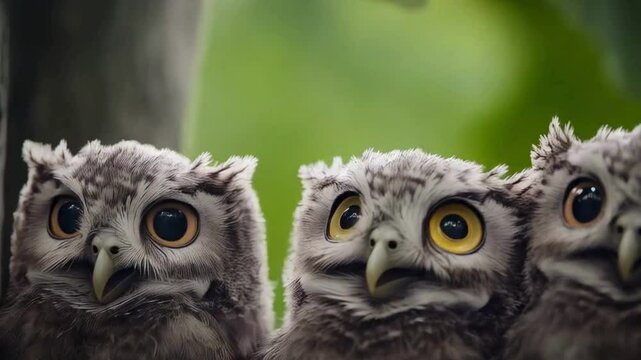Three Adorable Baby Owls Perched on a Branch, 4K Video