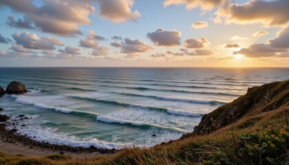 Fototapeta premium Waves crashing at sunset coastal beach landscape photography serene environment wide angle viewpoint