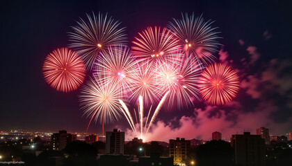 Vibrant fireworks bursting over city skyline at night, festive celebration