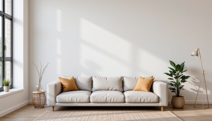 Cozy living room setup with modern sofa home interior decor natural light minimalist style