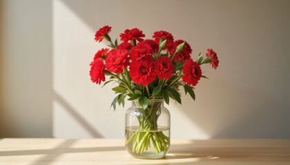 Fototapeta premium Vibrant red carnations in glass vase on wooden table, floral elegance