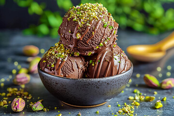 A scoop of chocolate ice cream sprinkled with pistachio nuts. Dubai chocolate ice cream.