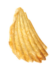 One tasty ridged potato chip in air isolated on white