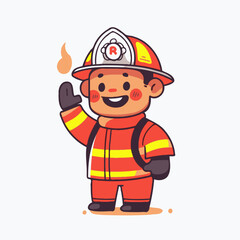 Cute cartoon firefighter in red uniform waving