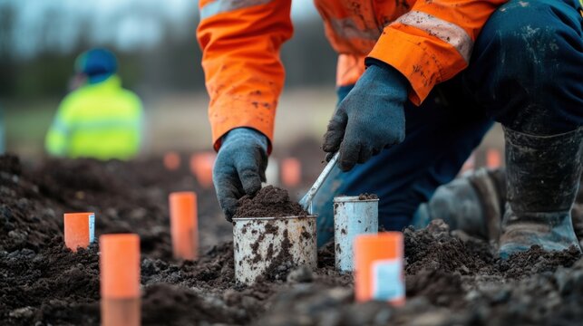 Geotechnical engineer collecting soil samples at a highway construction site. Featuring environmental analysis and planning