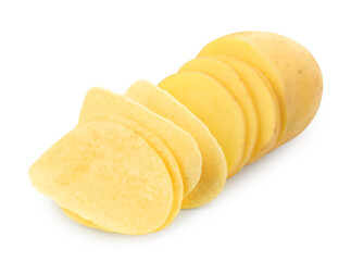 Tasty chips and sliced raw potato isolated on white