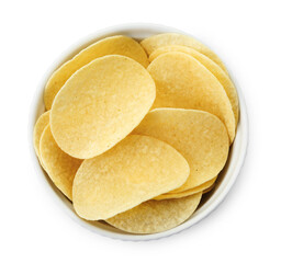 Tasty potato chips in bowl isolated on white, top view
