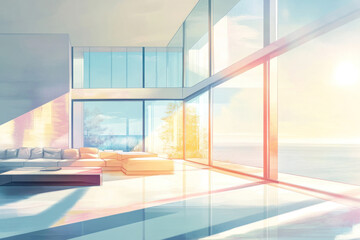 Fototapeta premium serene modern interior with large windows showcasing ocean view under soft sunlight. minimalist style living room with sleek furniture. architecture, design inspiration.
