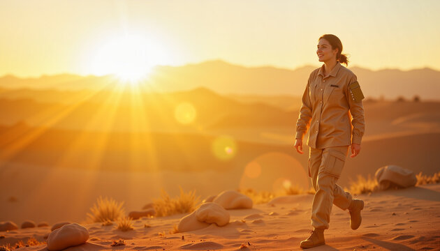 Brave woman walking confidently in desert at golden hour, strength and resilience
