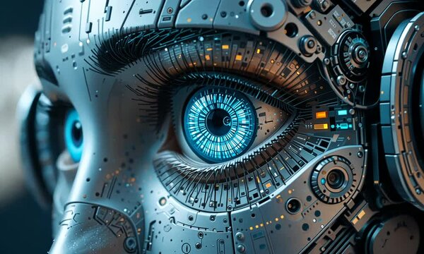 Extreme close-up of a robotic eye with blue iris and futuristic mechanical details. Concept of artificial intelligence vision