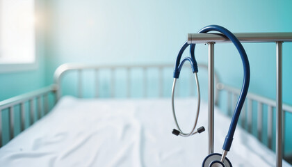 Stethoscope casually draped on hospital bed railing, healthcare symbolism