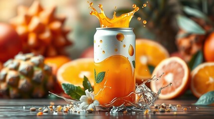 aluminum can mockup with juice splashes and fruits around