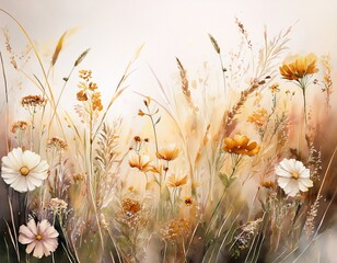 Vibrant wildflower meadow in warm hues and delicate blossoms