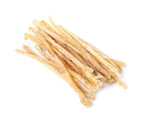 Dried shredded fish snack isolated on white, top view