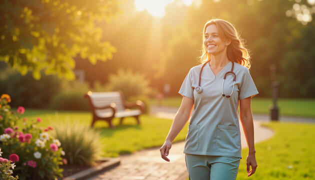 Joyful nurse walking in garden at sunset, celebration of care
