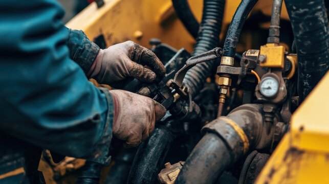 Heavy equipment mechanic inspecting hydraulic components of an excavator. Featuring expertise and diagnostics