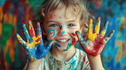 Artistic child showing messy paint-covered hands to camera, wide smile, colorful splashes on face