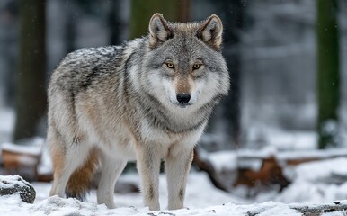 Obraz premium Majestic Grey and White Wolf Standing in Snow – Full Body Wildlife Photography in Winter Wilderness